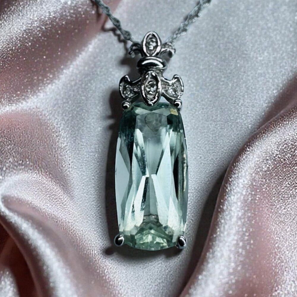 14K White Gold -Large Prasiolite & Diamond Necklace -18"- 3CT Green Amethyst